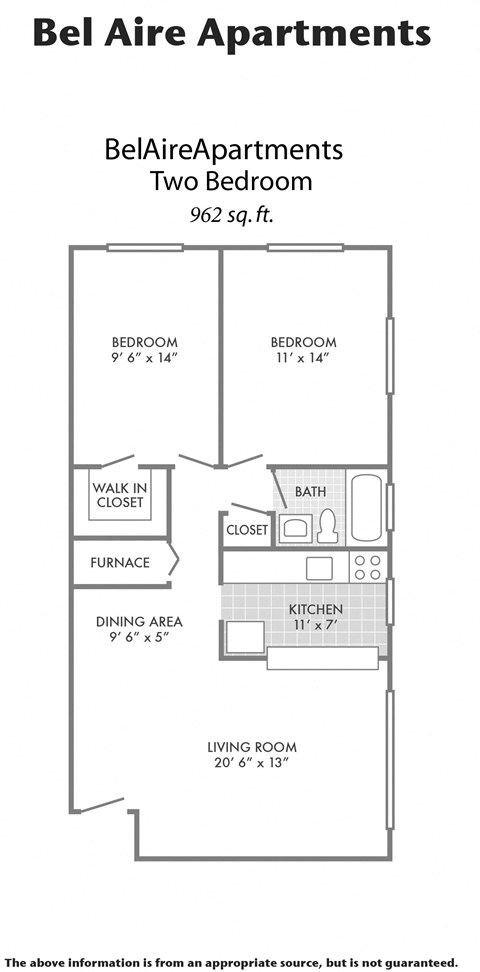 Floor plan for 2 beds, 1 bath, 962 sqft